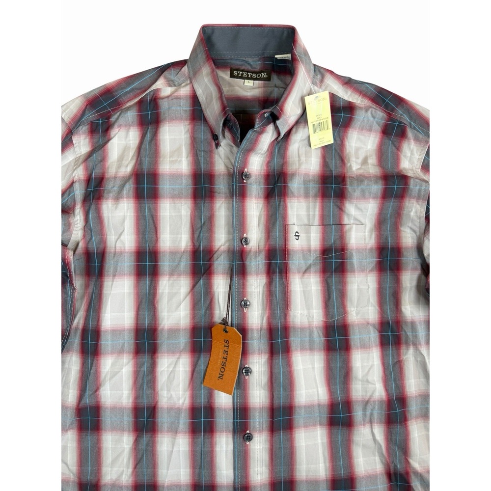 Stetson Mens L Plaid Western Shirt Red Gray Cotton Long Sleeve Button Down NWT